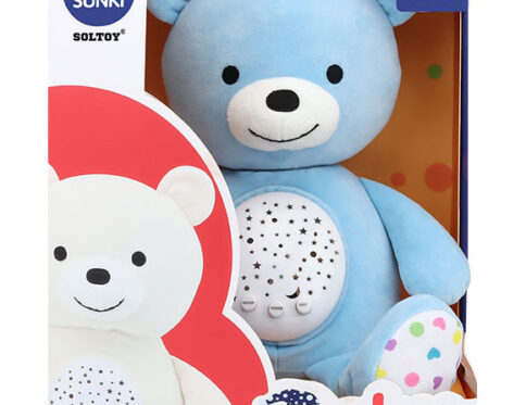 Lampa de veghe Soltoy, 2 in 1, Sunki Ursuletul, Cu sunete linistitoare si proiectii de lumini, 30 cm, Albastru