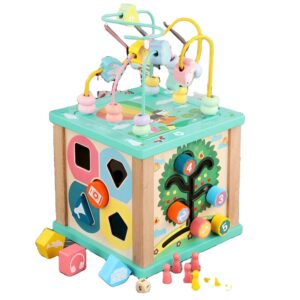 Cub Educational  5-in-1 din Lemn – Forme, Ceas, Labirint, Margele & Roti – Jucarie Interactiva pentru Dezvoltarea Bebelusilor